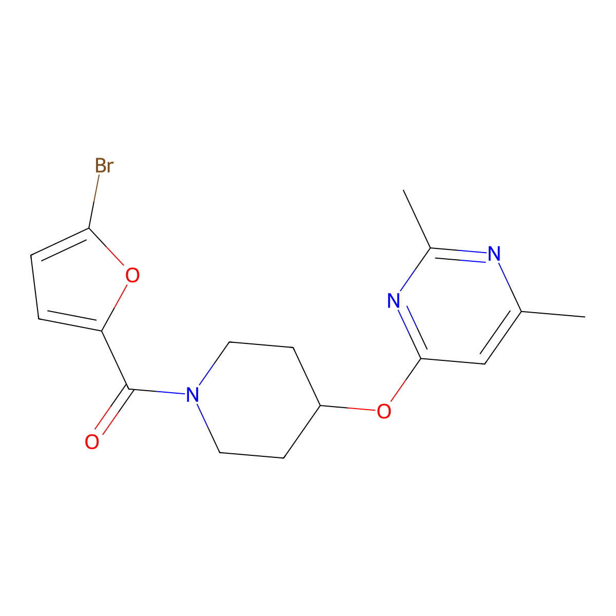 (5-Bromofuran-2-yl)(4-((2,6-dimethylpyrimidin-4-yl)oxy)piperidin-1-yl)methanone molecular structure, CAS 2034633-22-0