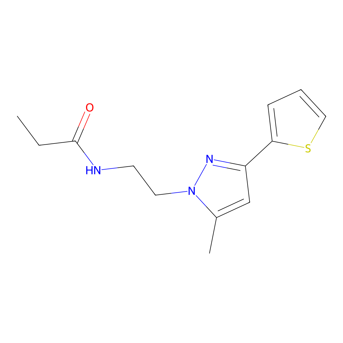 N-(2-(5-methyl-3-(thiophen-2-yl)-1H-pyrazol-1-yl)ethyl)propionamide molecular structure, CAS 2034633-26-4