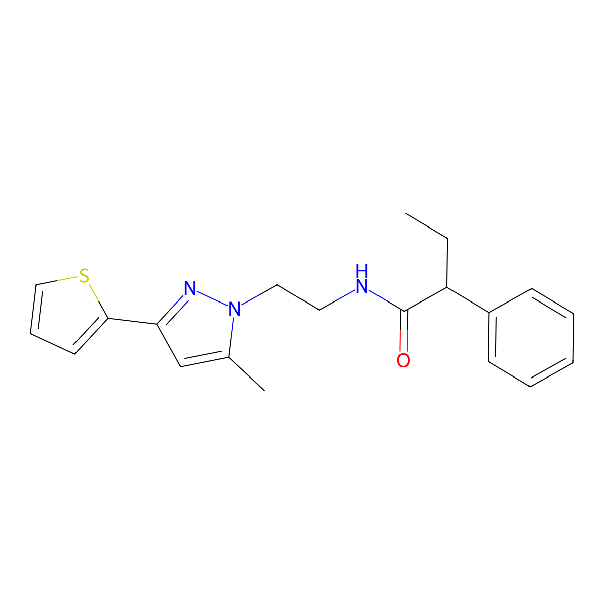 N-(2-(5-methyl-3-(thiophen-2-yl)-1H-pyrazol-1-yl)ethyl)-2-phenylbutanamide molecular structure, CAS 2034633-28-6