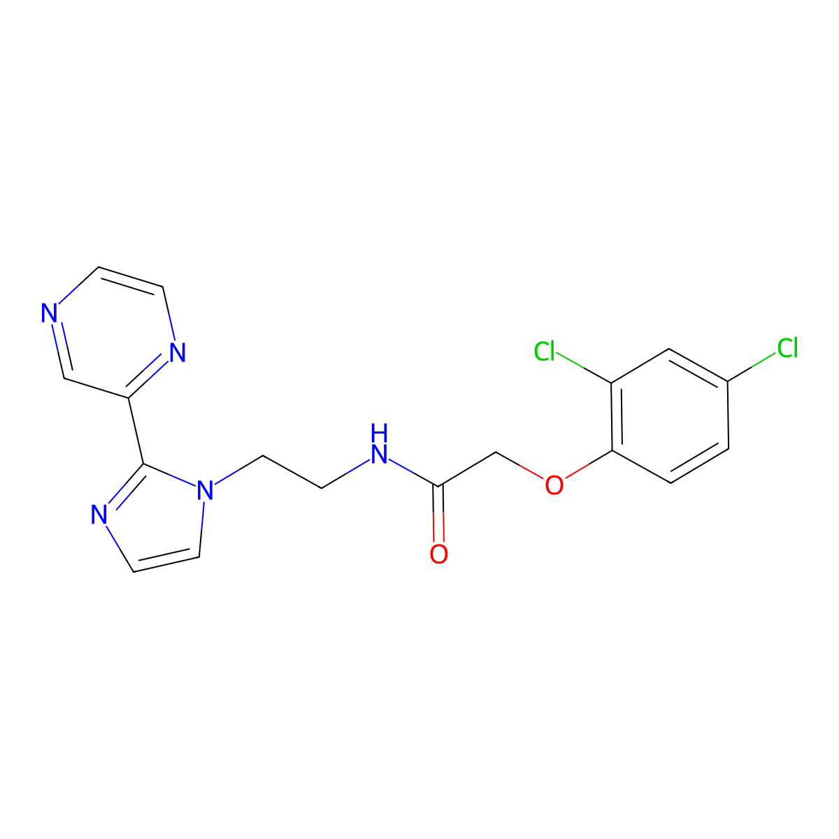 2-(2,4-dichlorophenoxy)-N-(2-(2-(pyrazin-2-yl)-1H-imidazol-1-yl)ethyl)acetamide molecular structure, CAS 2034633-29-7