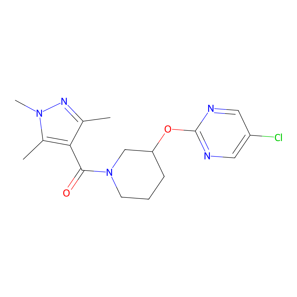 (3-((5-chloropyrimidin-2-yl)oxy)piperidin-1-yl)(1,3,5-trimethyl-1H-pyrazol-4-yl)methanone molecular structure, CAS 2034633-30-0