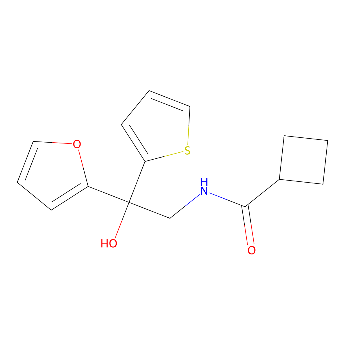 N-(2-(furan-2-yl)-2-hydroxy-2-(thiophen-2-yl)ethyl)cyclobutanecarboxamide molecular structure, CAS 2034633-31-1