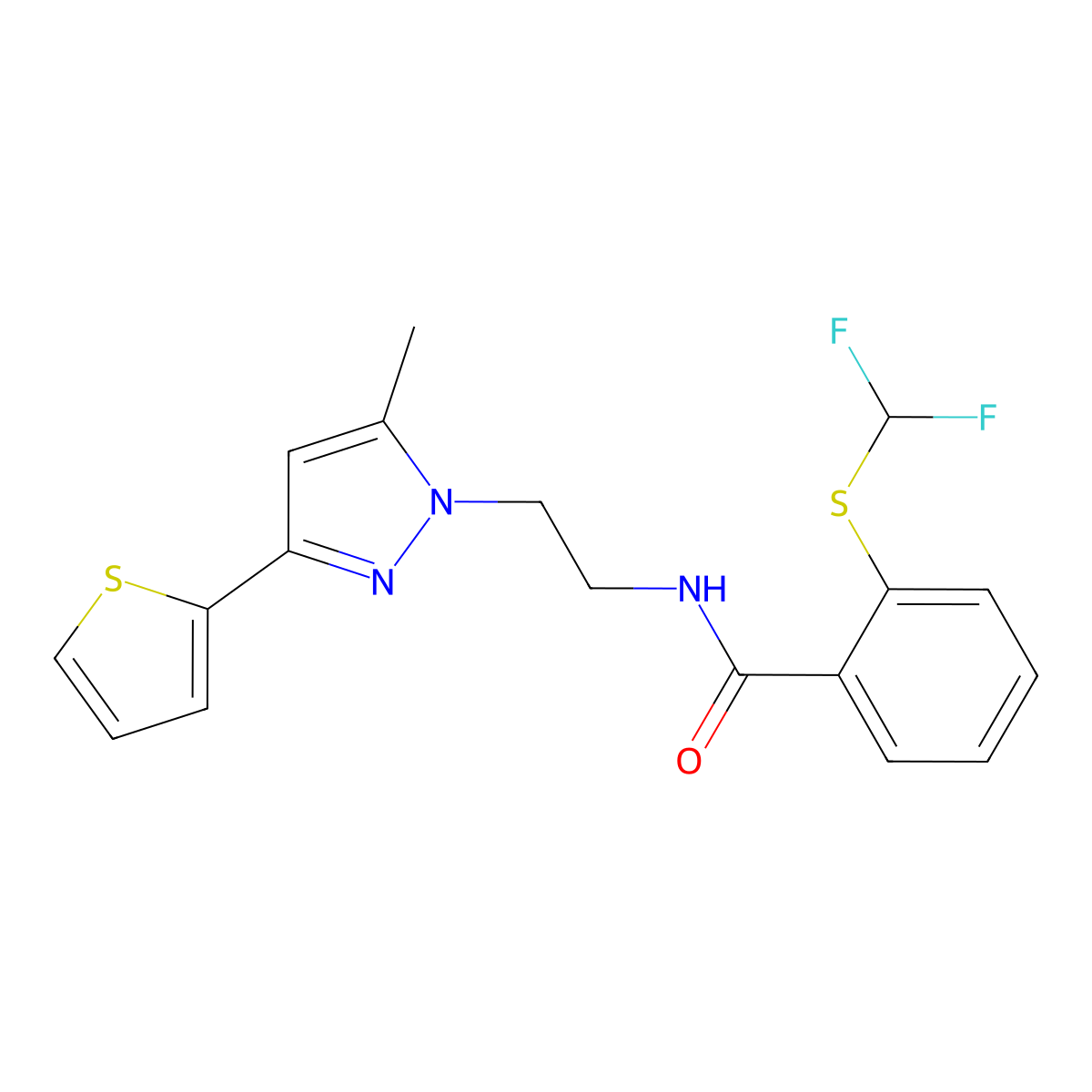 2-((difluoromethyl)thio)-N-(2-(5-methyl-3-(thiophen-2-yl)-1H-pyrazol-1-yl)ethyl)benzamide molecular structure, CAS 2034633-32-2
