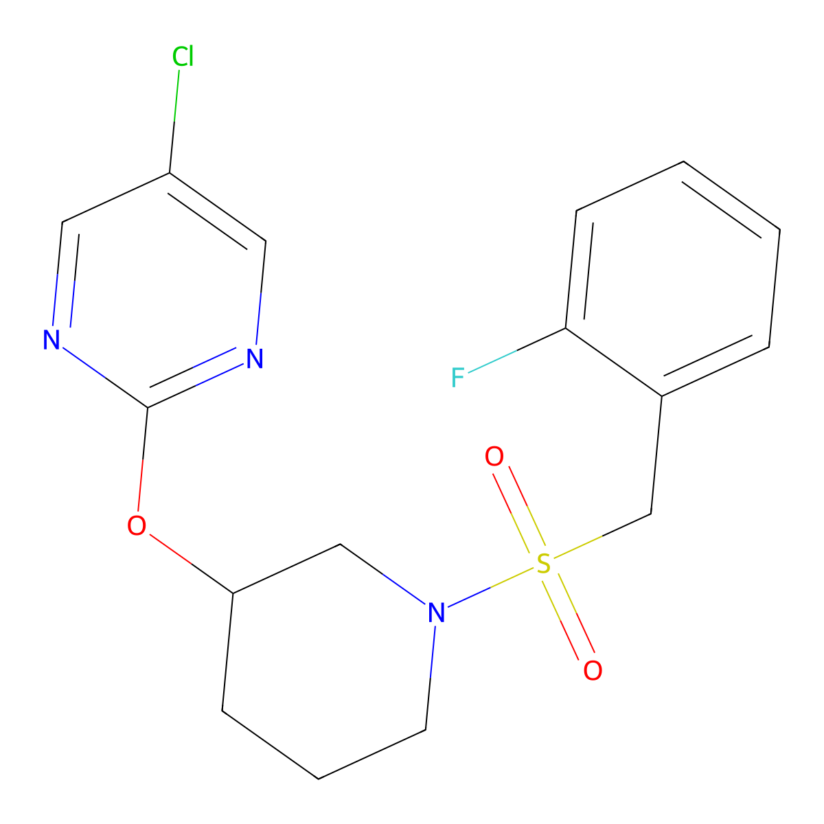 5-Chloro-2-((1-((2-fluorobenzyl)sulfonyl)piperidin-3-yl)oxy)pyrimidine molecular structure, CAS 2034633-37-7