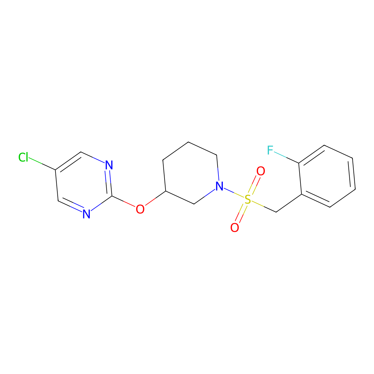 5-Chloro-2-((1-((2-fluorobenzyl)sulfonyl)piperidin-3-yl)oxy)pyrimidine molecular structure, CAS 2034633-37-7