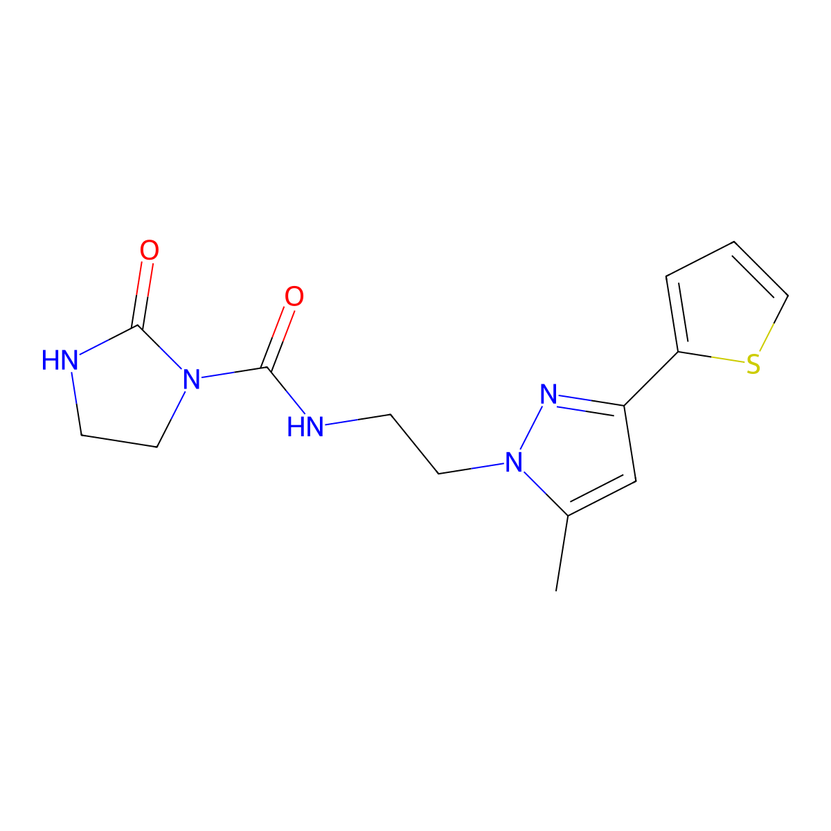 N-{2-[5-methyl-3-(thiophen-2-yl)-1H-pyrazol-1-yl]ethyl}-2-oxoimidazolidine-1-carboxamide molecular structure, CAS 2034633-41-3