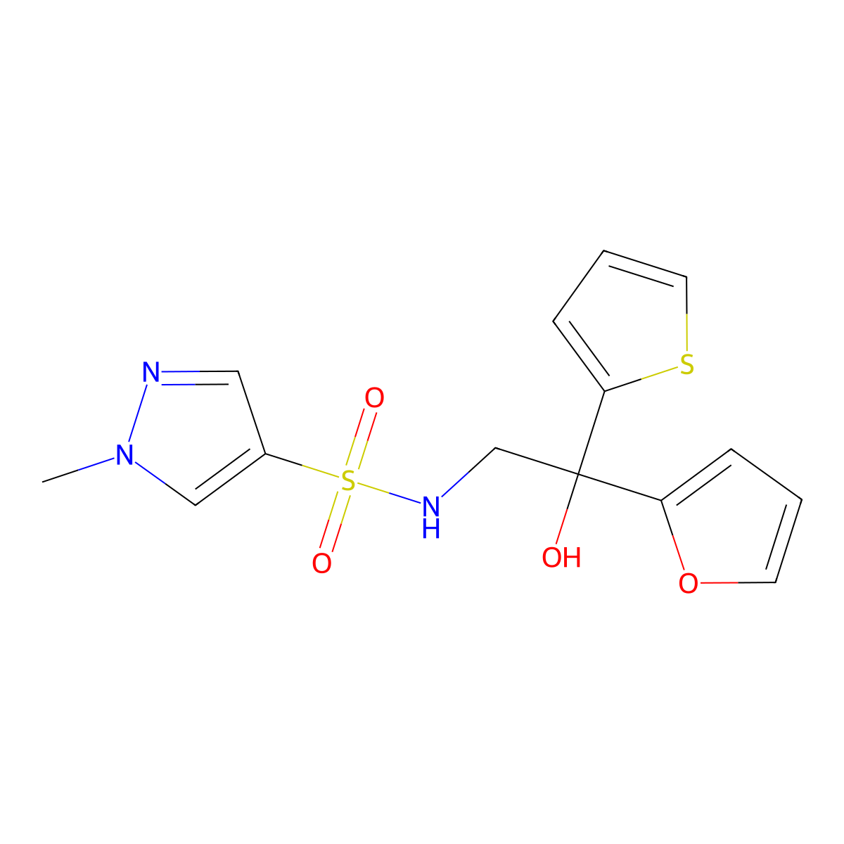 N-(2-(furan-2-yl)-2-hydroxy-2-(thiophen-2-yl)ethyl)-1-methyl-1H-pyrazole-4-sulfonamide molecular structure, CAS 2034633-42-4