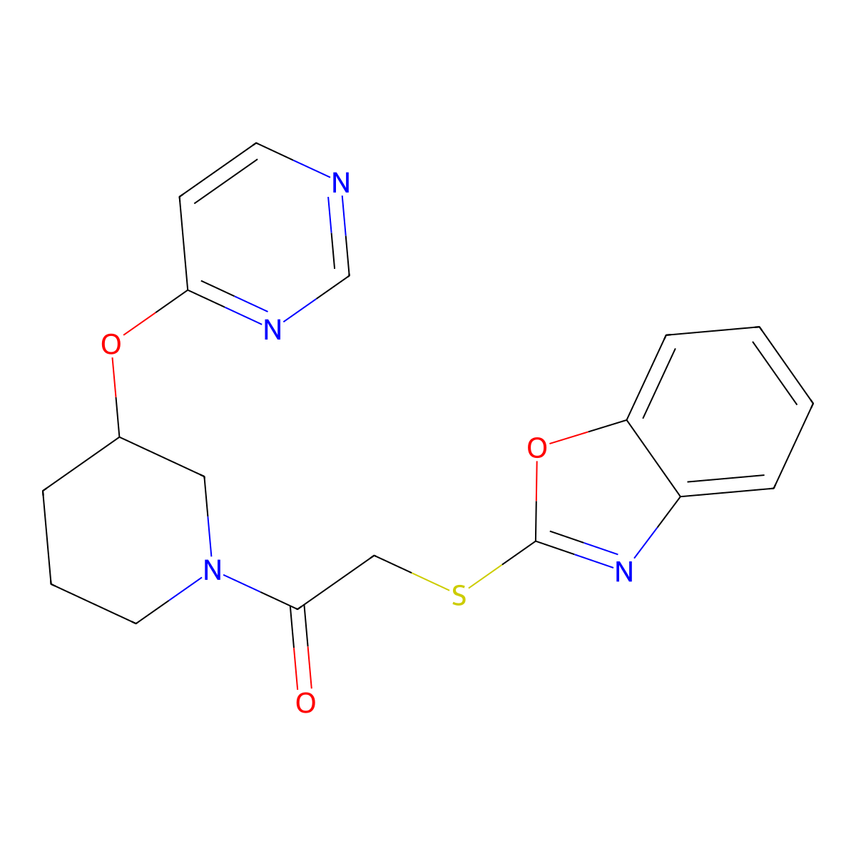 2-(Benzo[d]oxazol-2-ylthio)-1-(3-(pyrimidin-4-yloxy)piperidin-1-yl)ethanone molecular structure, CAS 2034633-44-6