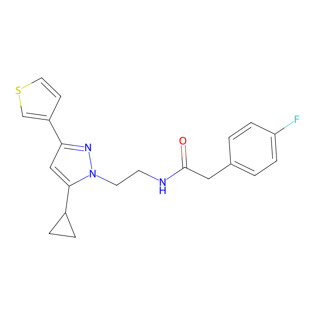 N-(2-(5-cyclopropyl-3-(thiophen-3-yl)-1H-pyrazol-1-yl)ethyl)-2-(4-fluorophenyl)acetamide molecular structure, CAS 2034633-53-7