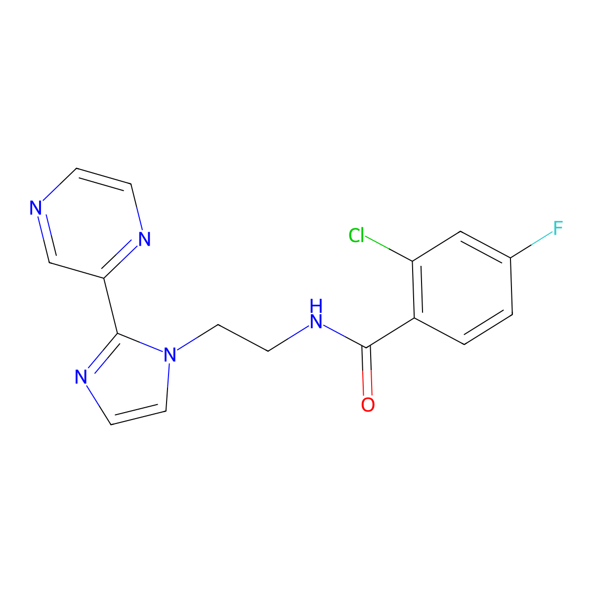 2-chloro-4-fluoro-N-{2-[2-(pyrazin-2-yl)-1H-imidazol-1-yl]ethyl}benzamide molecular structure, CAS 2034633-58-2