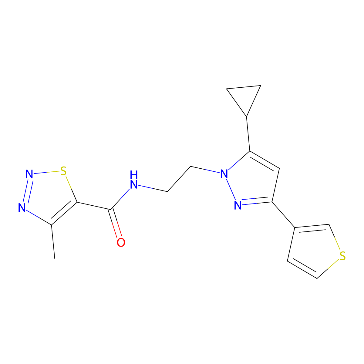 N-{2-[5-cyclopropyl-3-(thiophen-3-yl)-1H-pyrazol-1-yl]ethyl}-4-methyl-1,2,3-thiadiazole-5-carboxamide molecular structure, CAS 2034633-64-0