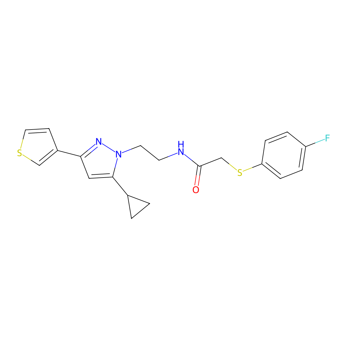 N-(2-(5-cyclopropyl-3-(thiophen-3-yl)-1H-pyrazol-1-yl)ethyl)-2-((4-fluorophenyl)thio)acetamide molecular structure, CAS 2034633-68-4