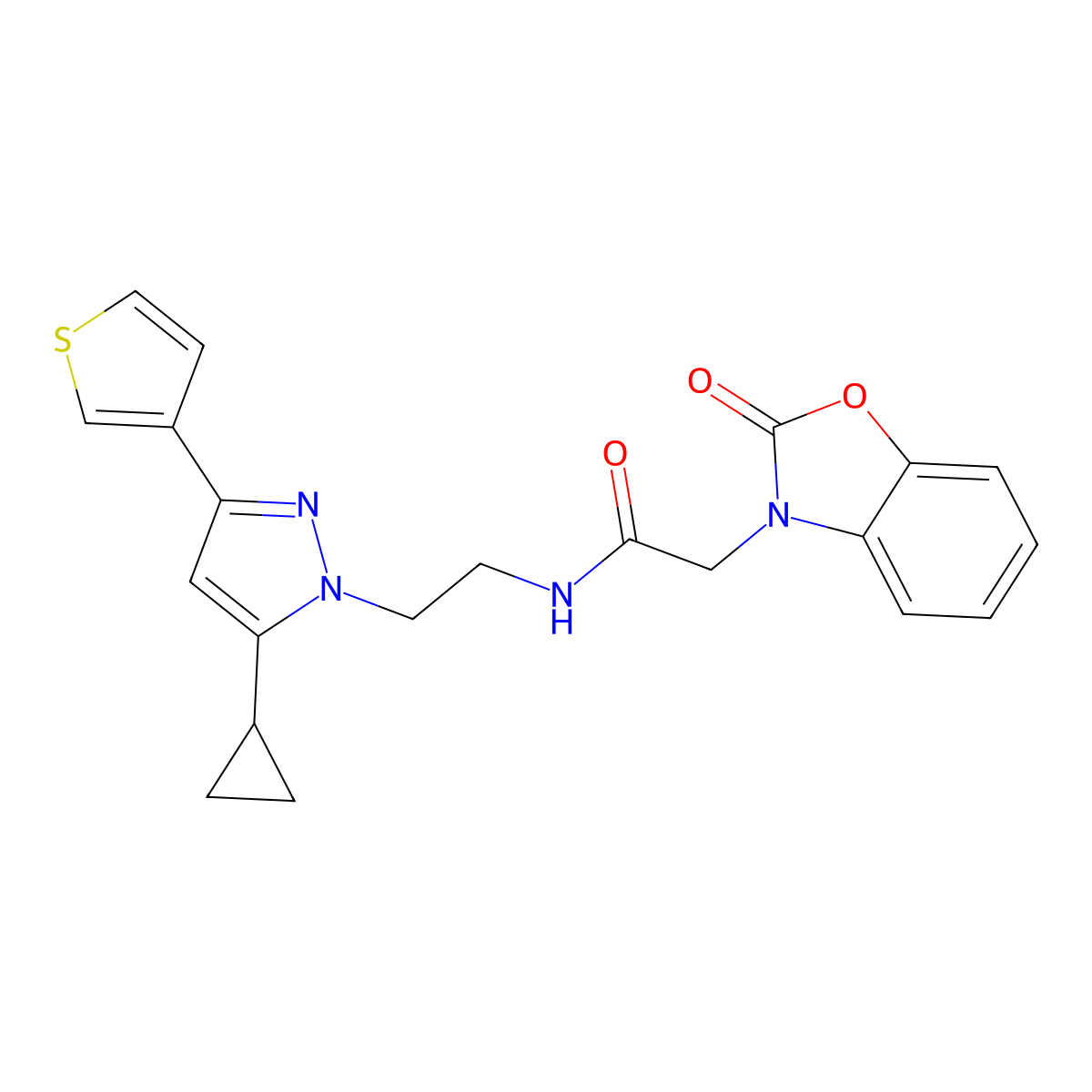 N-(2-(5-cyclopropyl-3-(thiophen-3-yl)-1H-pyrazol-1-yl)ethyl)-2-(2-oxobenzo[d]oxazol-3(2H)-yl)acetamide molecular structure, CAS 2034633-72-0