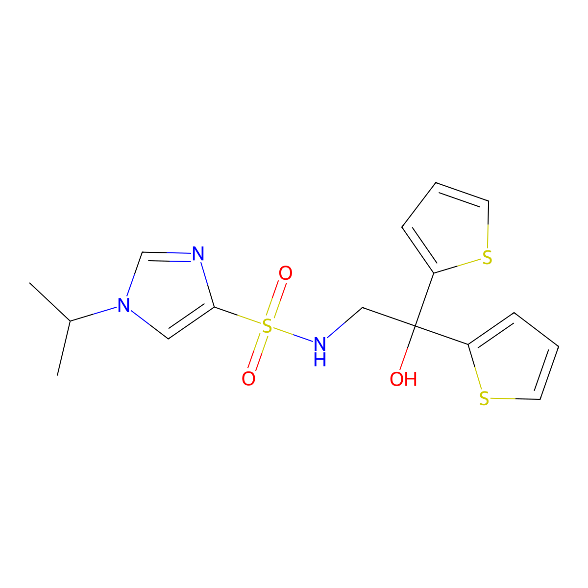 N-(2-hydroxy-2,2-di(thiophen-2-yl)ethyl)-1-isopropyl-1H-imidazole-4-sulfonamide molecular structure, CAS 2034633-74-2