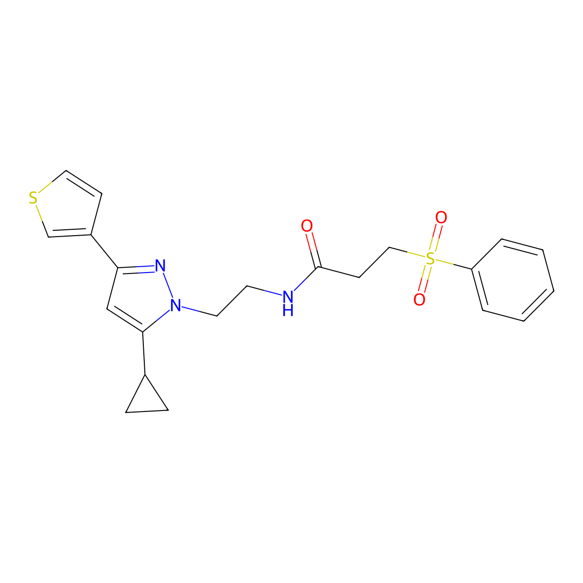 N-(2-(5-cyclopropyl-3-(thiophen-3-yl)-1H-pyrazol-1-yl)ethyl)-3-(phenylsulfonyl)propanamide molecular structure, CAS 2034633-77-5