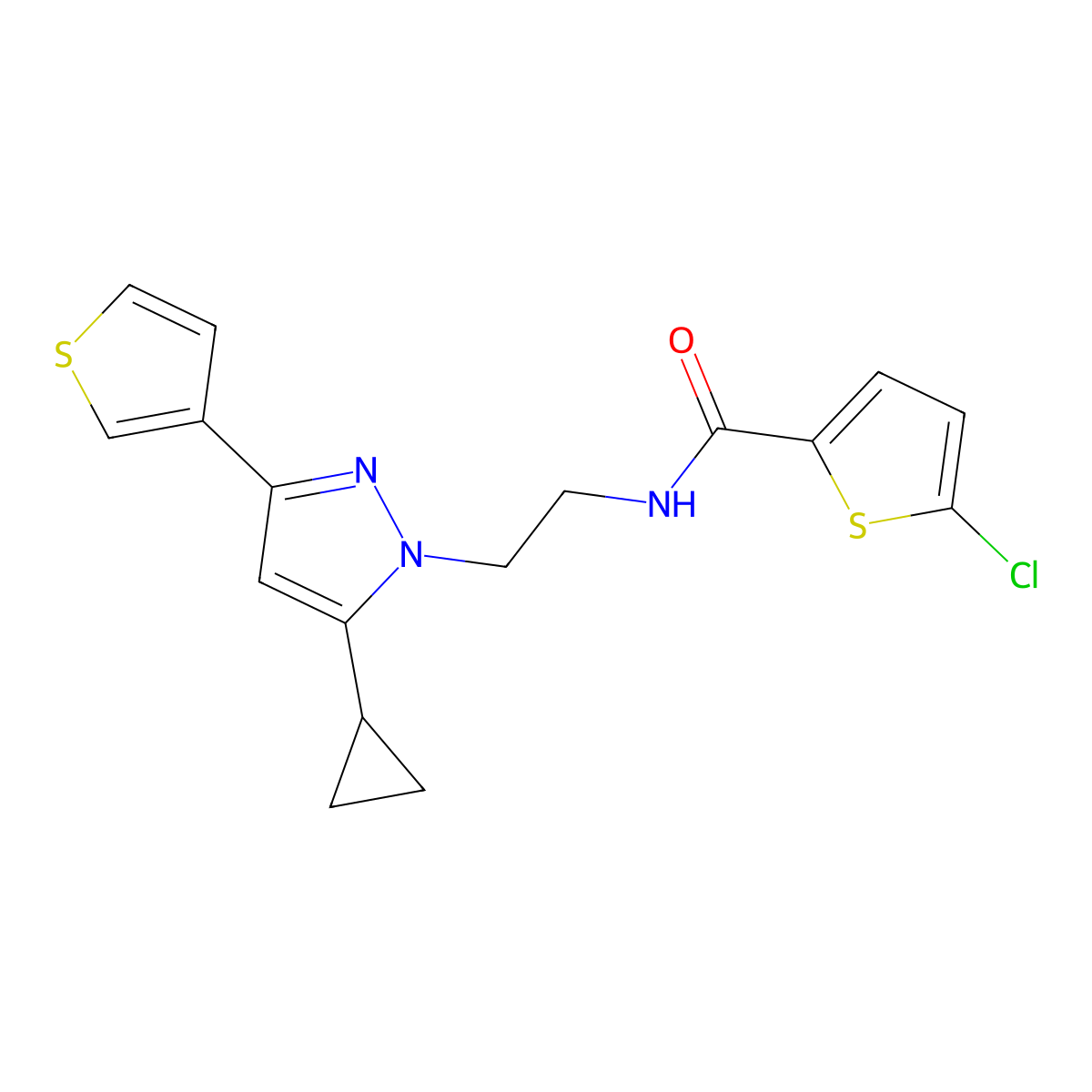 5-chloro-N-(2-(5-cyclopropyl-3-(thiophen-3-yl)-1H-pyrazol-1-yl)ethyl)thiophene-2-carboxamide molecular structure, CAS 2034633-80-0