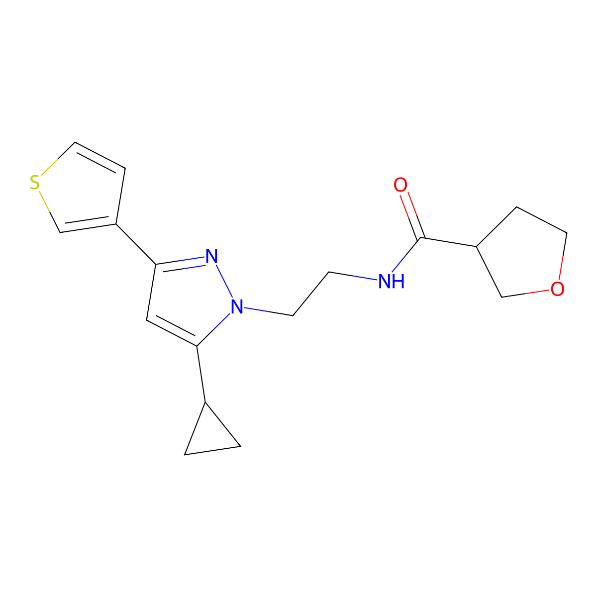 N-(2-(5-cyclopropyl-3-(thiophen-3-yl)-1H-pyrazol-1-yl)ethyl)tetrahydrofuran-3-carboxamide molecular structure, CAS 2034633-82-2