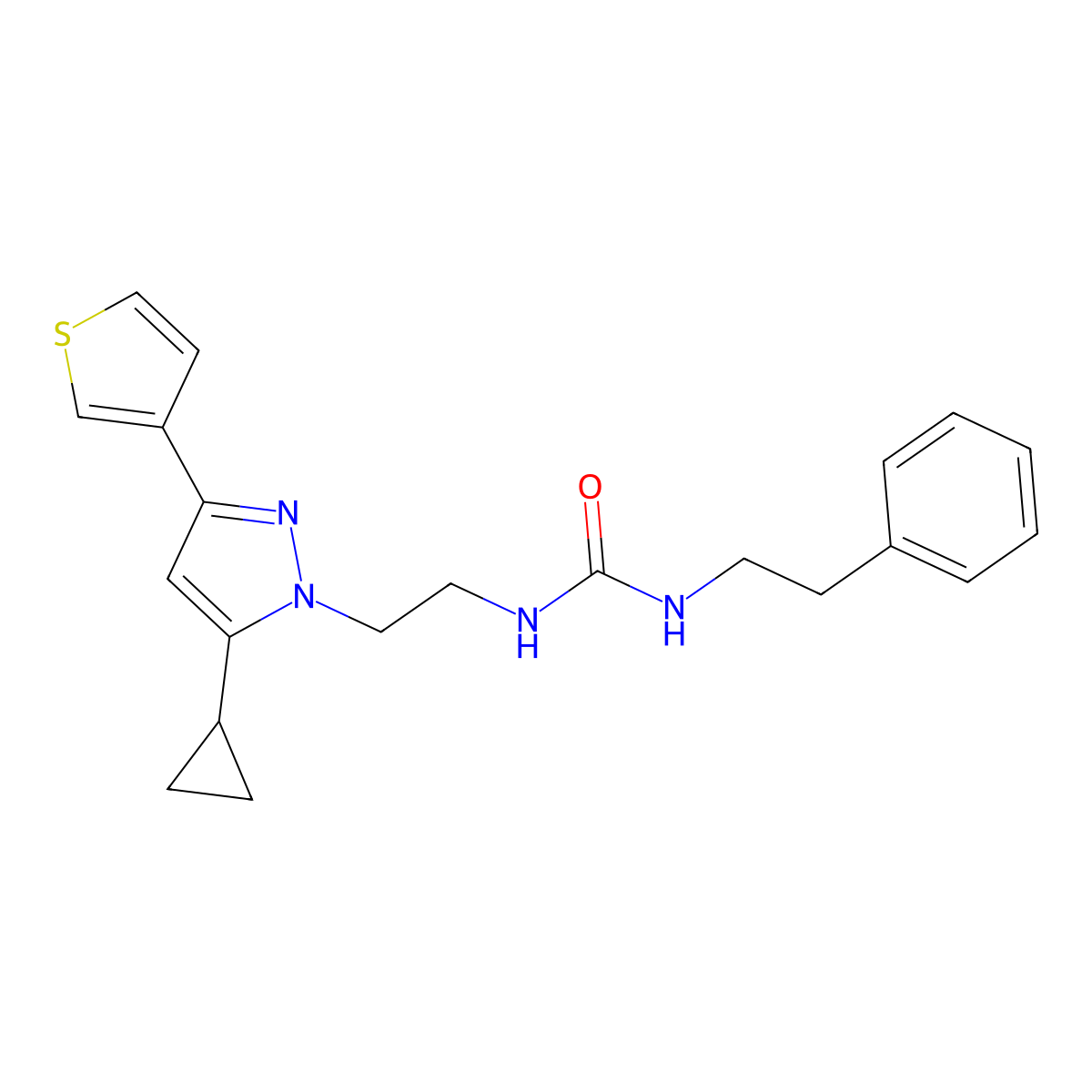 1-(2-(5-cyclopropyl-3-(thiophen-3-yl)-1H-pyrazol-1-yl)ethyl)-3-phenethylurea molecular structure, CAS 2034633-86-6