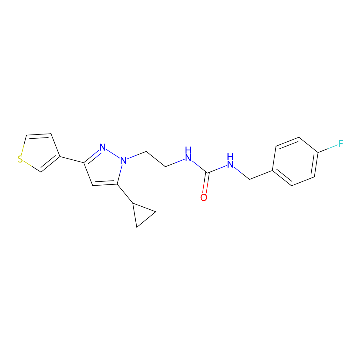 1-(2-(5-cyclopropyl-3-(thiophen-3-yl)-1H-pyrazol-1-yl)ethyl)-3-(4-fluorobenzyl)urea molecular structure, CAS 2034633-91-3