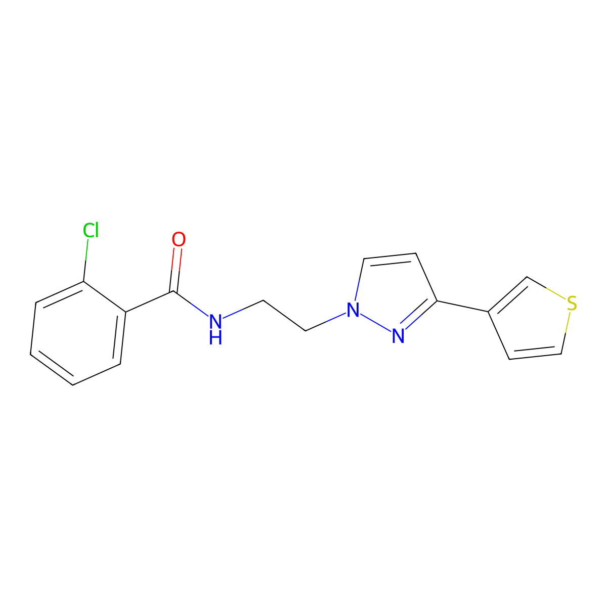 2-chloro-N-{2-[3-(thiophen-3-yl)-1H-pyrazol-1-yl]ethyl}benzamide molecular structure, CAS 2034633-98-0
