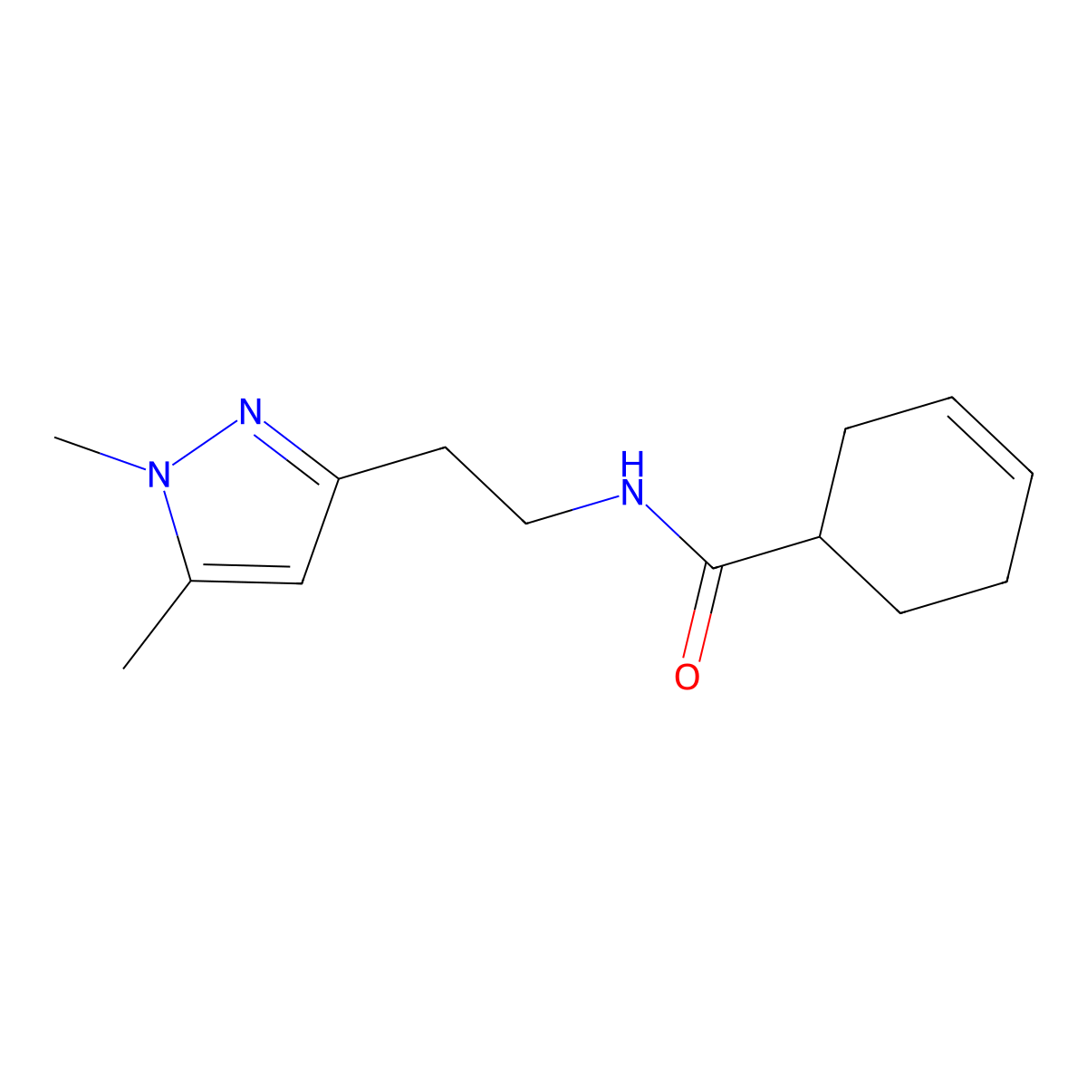N-(2-(1,5-dimethyl-1H-pyrazol-3-yl)ethyl)cyclohex-3-enecarboxamide molecular structure, CAS 2034634-01-8