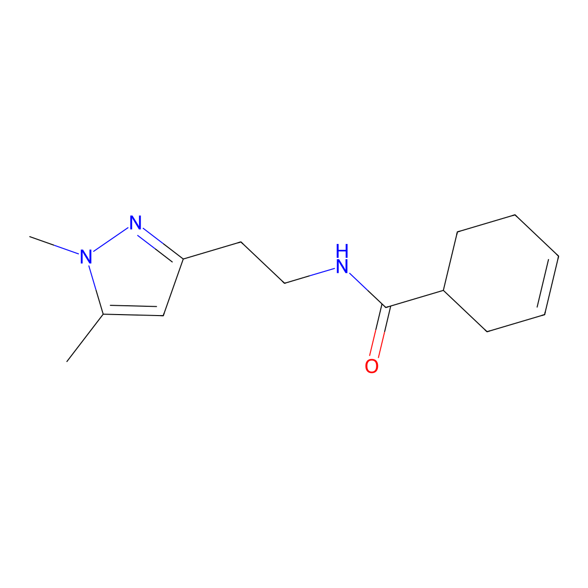 N-(2-(1,5-dimethyl-1H-pyrazol-3-yl)ethyl)cyclohex-3-enecarboxamide molecular structure, CAS 2034634-01-8