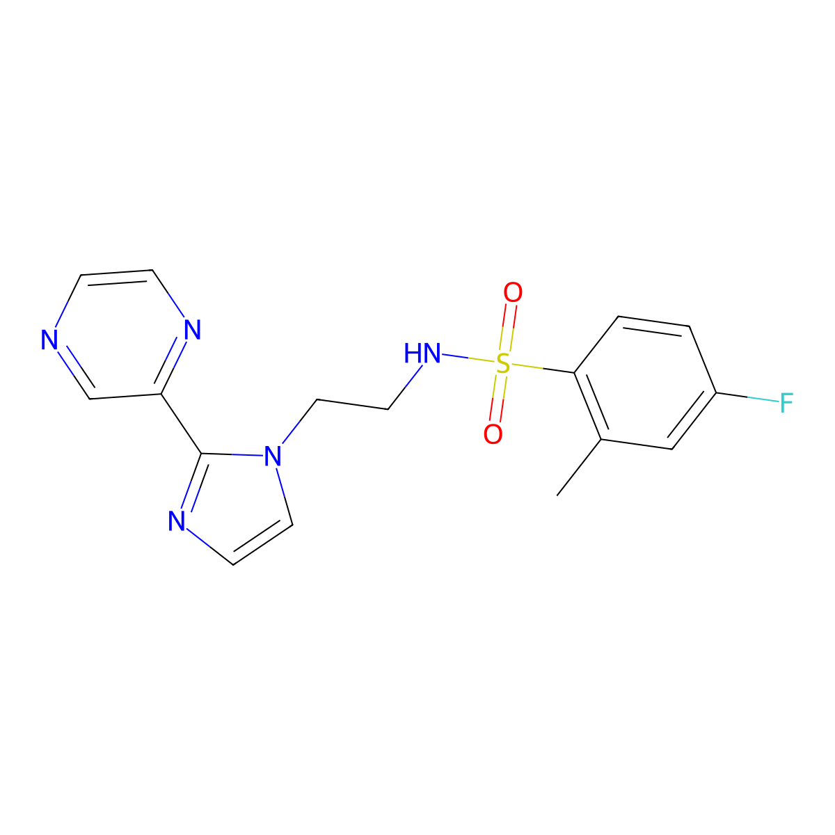 4-fluoro-2-methyl-N-(2-(2-(pyrazin-2-yl)-1H-imidazol-1-yl)ethyl)benzenesulfonamide molecular structure, CAS 2034634-02-9