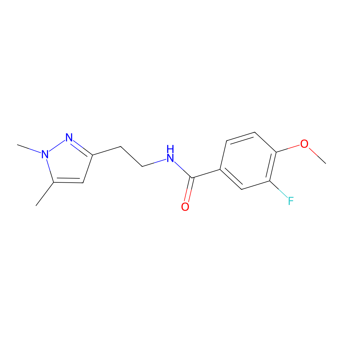 N-(2-(1,5-dimethyl-1H-pyrazol-3-yl)ethyl)-3-fluoro-4-methoxybenzamide molecular structure, CAS 2034634-10-9