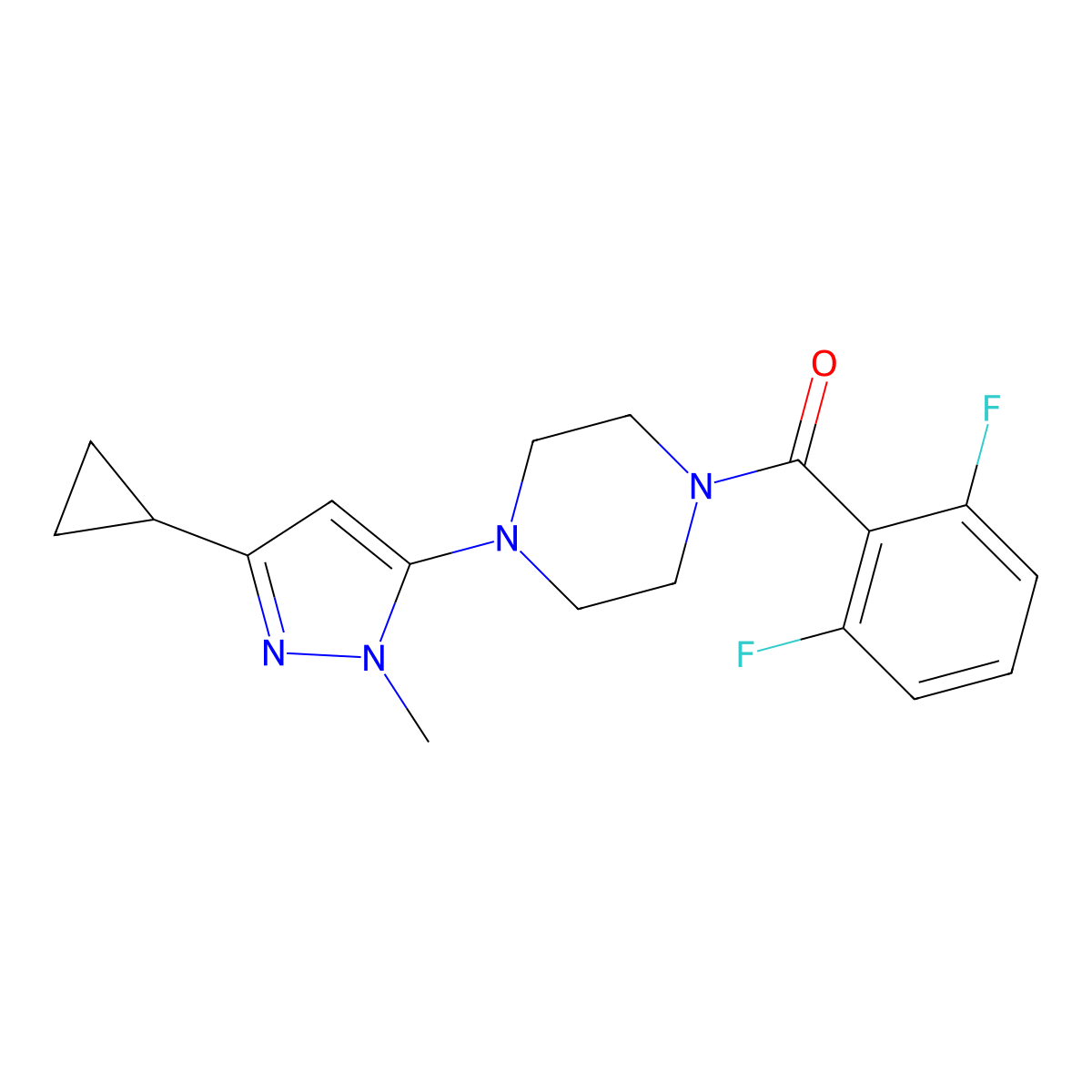 (4-(3-cyclopropyl-1-methyl-1H-pyrazol-5-yl)piperazin-1-yl)(2,6-difluorophenyl)methanone molecular structure, CAS 2034634-30-3