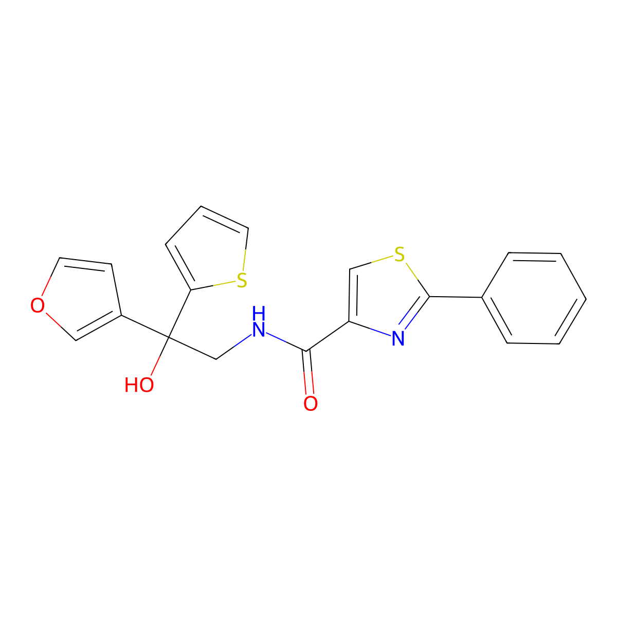N-(2-(furan-3-yl)-2-hydroxy-2-(thiophen-2-yl)ethyl)-2-phenylthiazole-4-carboxamide molecular structure, CAS 2034634-32-5