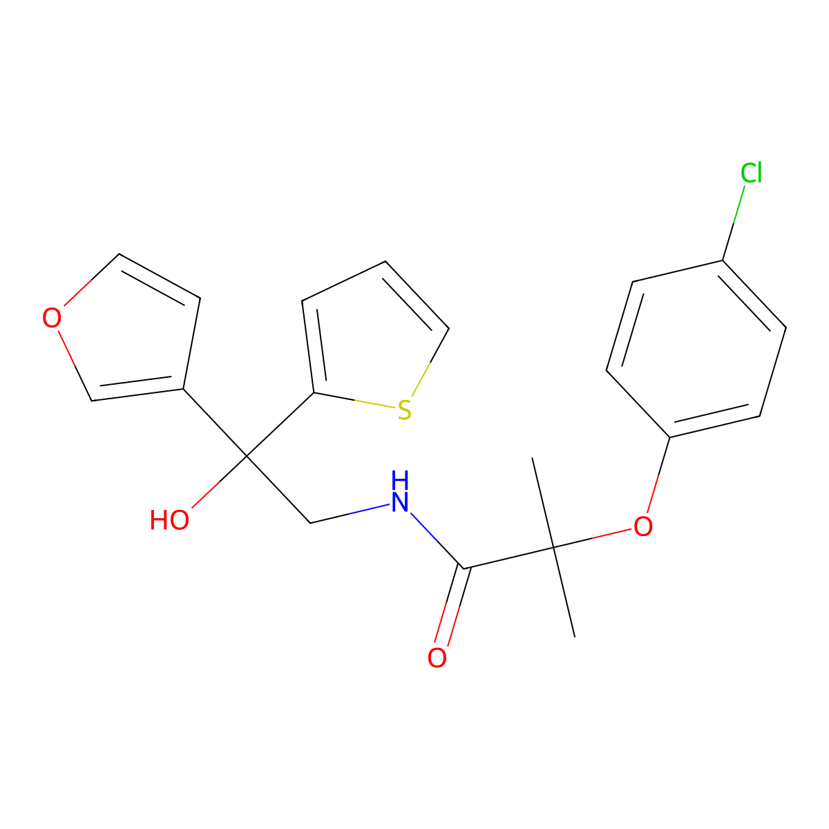 2-(4-chlorophenoxy)-N-(2-(furan-3-yl)-2-hydroxy-2-(thiophen-2-yl)ethyl)-2-methylpropanamide molecular structure, CAS 2034634-35-8
