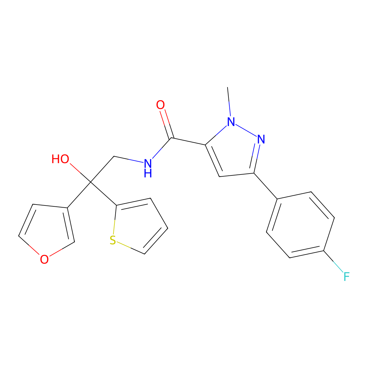 3-(4-fluorophenyl)-N-[2-(furan-3-yl)-2-hydroxy-2-(thiophen-2-yl)ethyl]-1-methyl-1H-pyrazole-5-carboxamide molecular structure, CAS 2034634-43-8