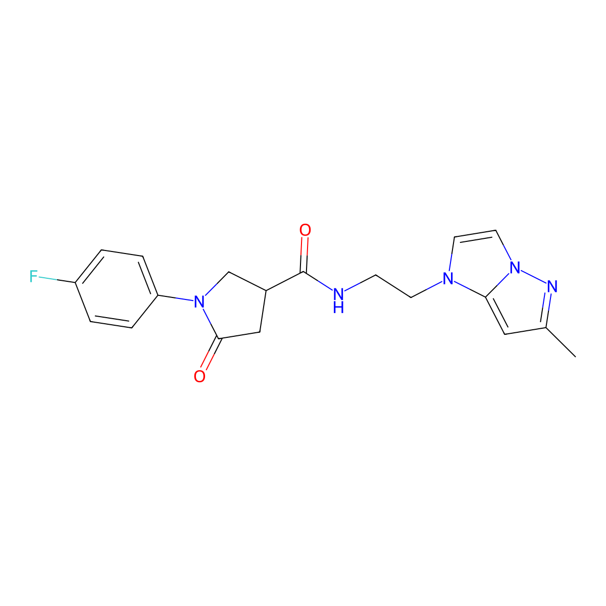 1-(4-fluorophenyl)-N-(2-(6-methyl-1H-imidazo[1,2-b]pyrazol-1-yl)ethyl)-5-oxopyrrolidine-3-carboxamide molecular structure, CAS 2034634-48-3