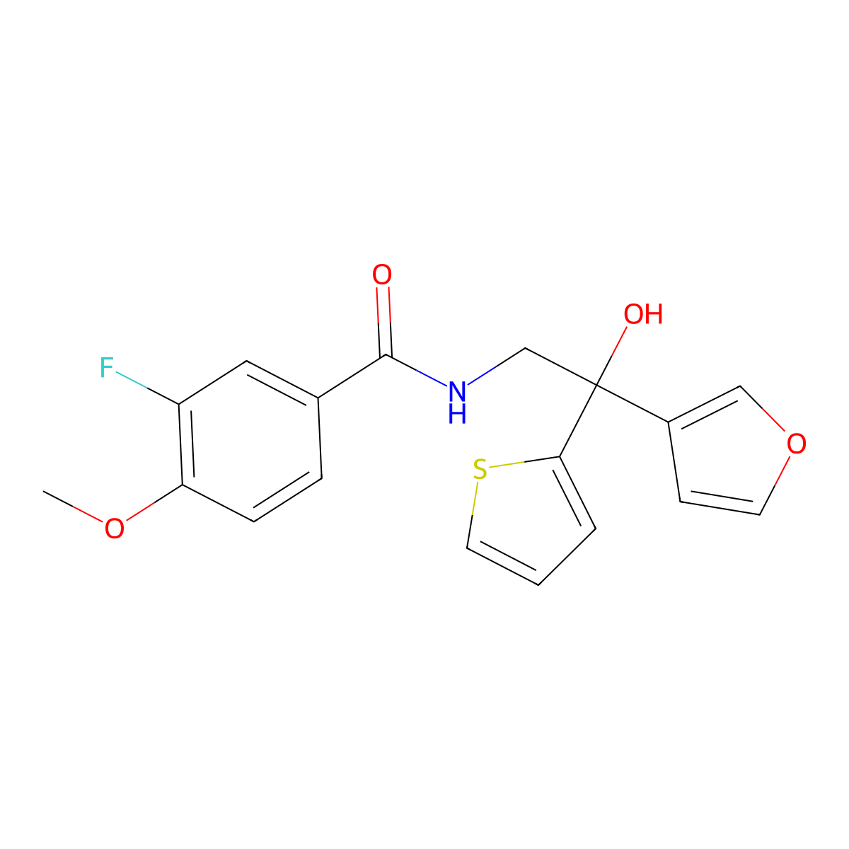 3-fluoro-N-(2-(furan-3-yl)-2-hydroxy-2-(thiophen-2-yl)ethyl)-4-methoxybenzamide molecular structure, CAS 2034634-55-2
