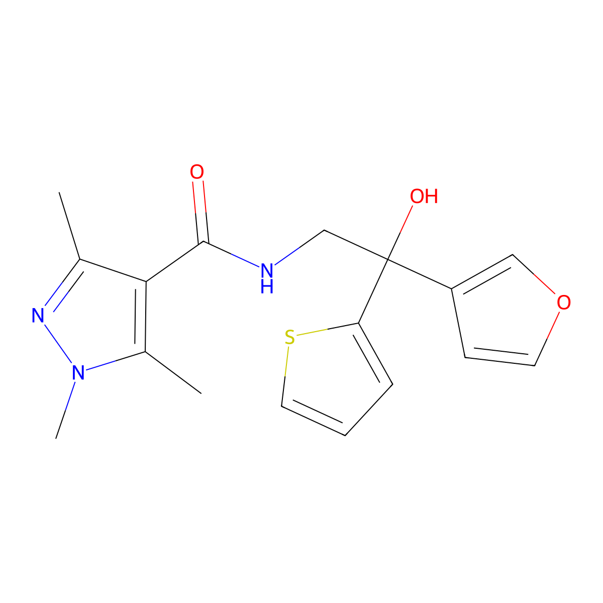 N-(2-(furan-3-yl)-2-hydroxy-2-(thiophen-2-yl)ethyl)-1,3,5-trimethyl-1H-pyrazole-4-carboxamide molecular structure, CAS 2034634-60-9