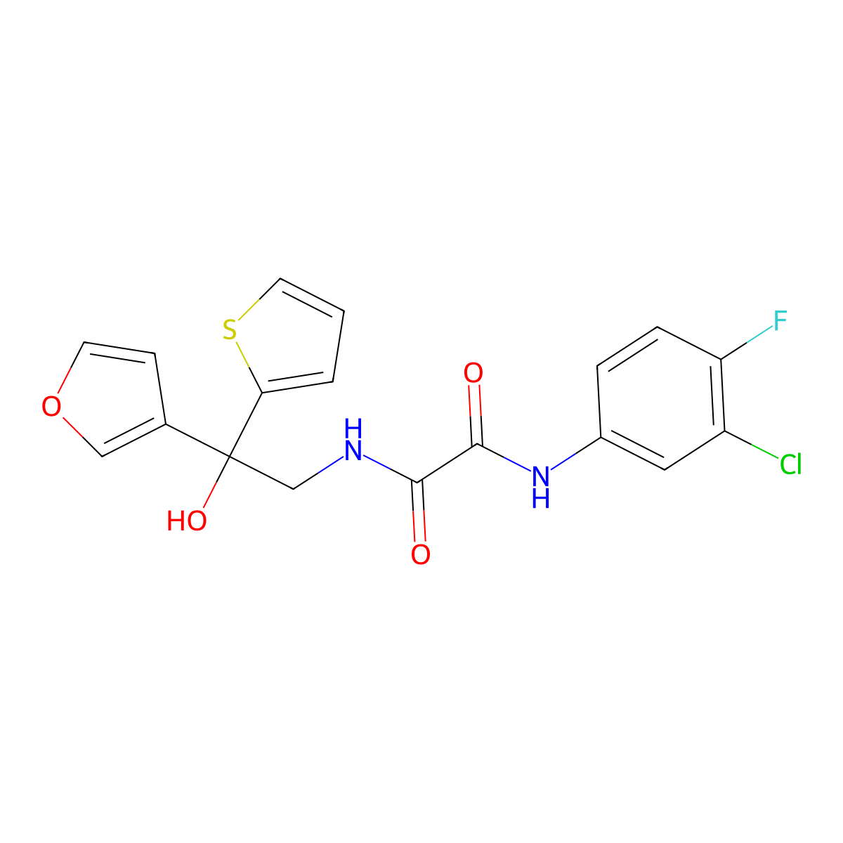 N1-(3-chloro-4-fluorophenyl)-N2-(2-(furan-3-yl)-2-hydroxy-2-(thiophen-2-yl)ethyl)oxalamide molecular structure, CAS 2034634-78-9