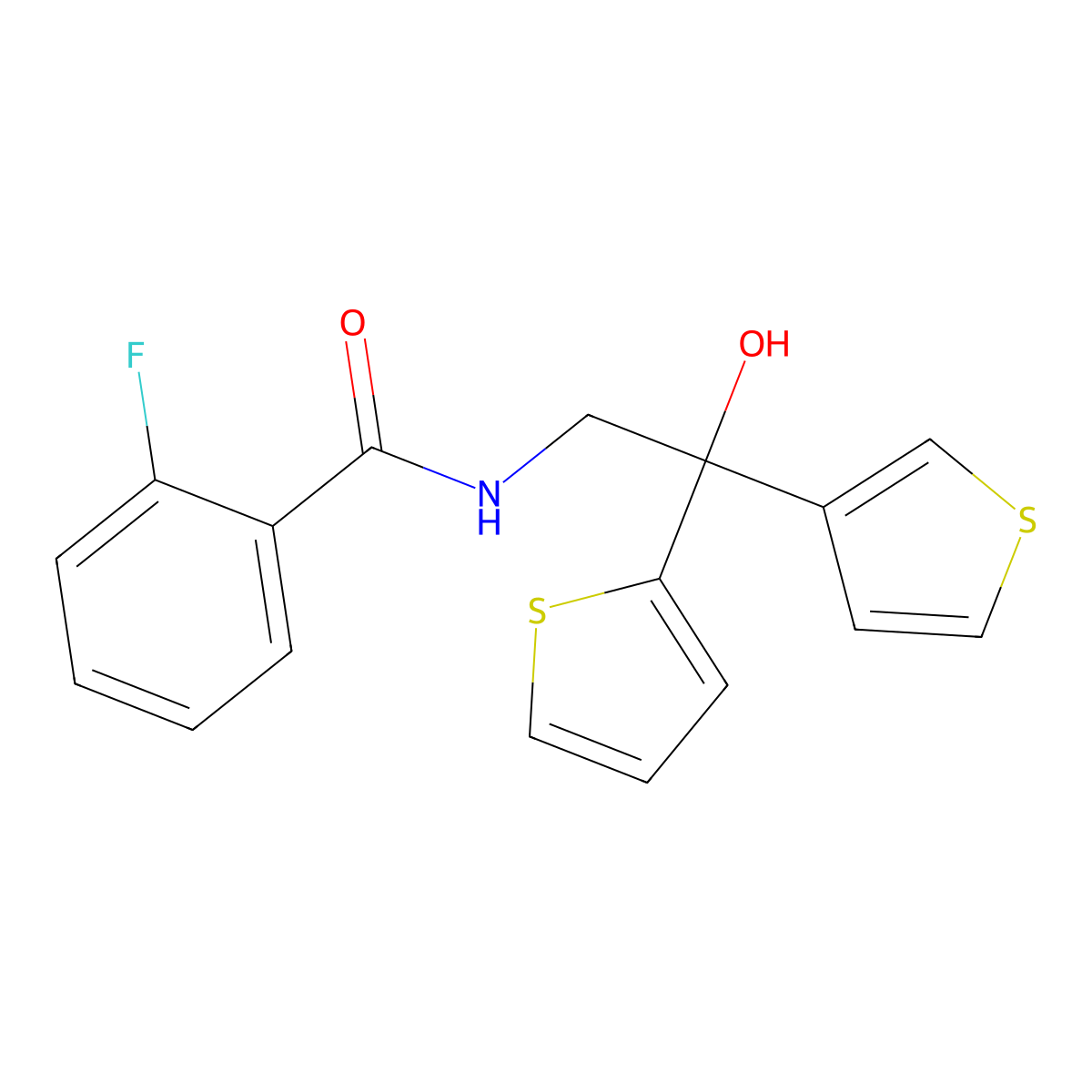 2-fluoro-N-(2-hydroxy-2-(thiophen-2-yl)-2-(thiophen-3-yl)ethyl)benzamide molecular structure, CAS 2034634-86-9