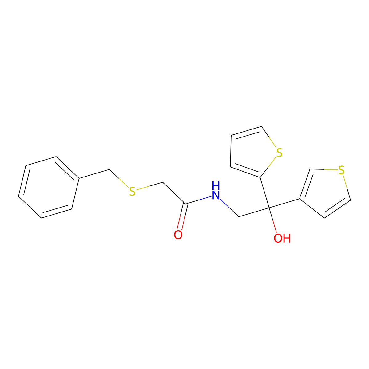 2-(benzylthio)-N-(2-hydroxy-2-(thiophen-2-yl)-2-(thiophen-3-yl)ethyl)acetamide molecular structure, CAS 2034634-89-2