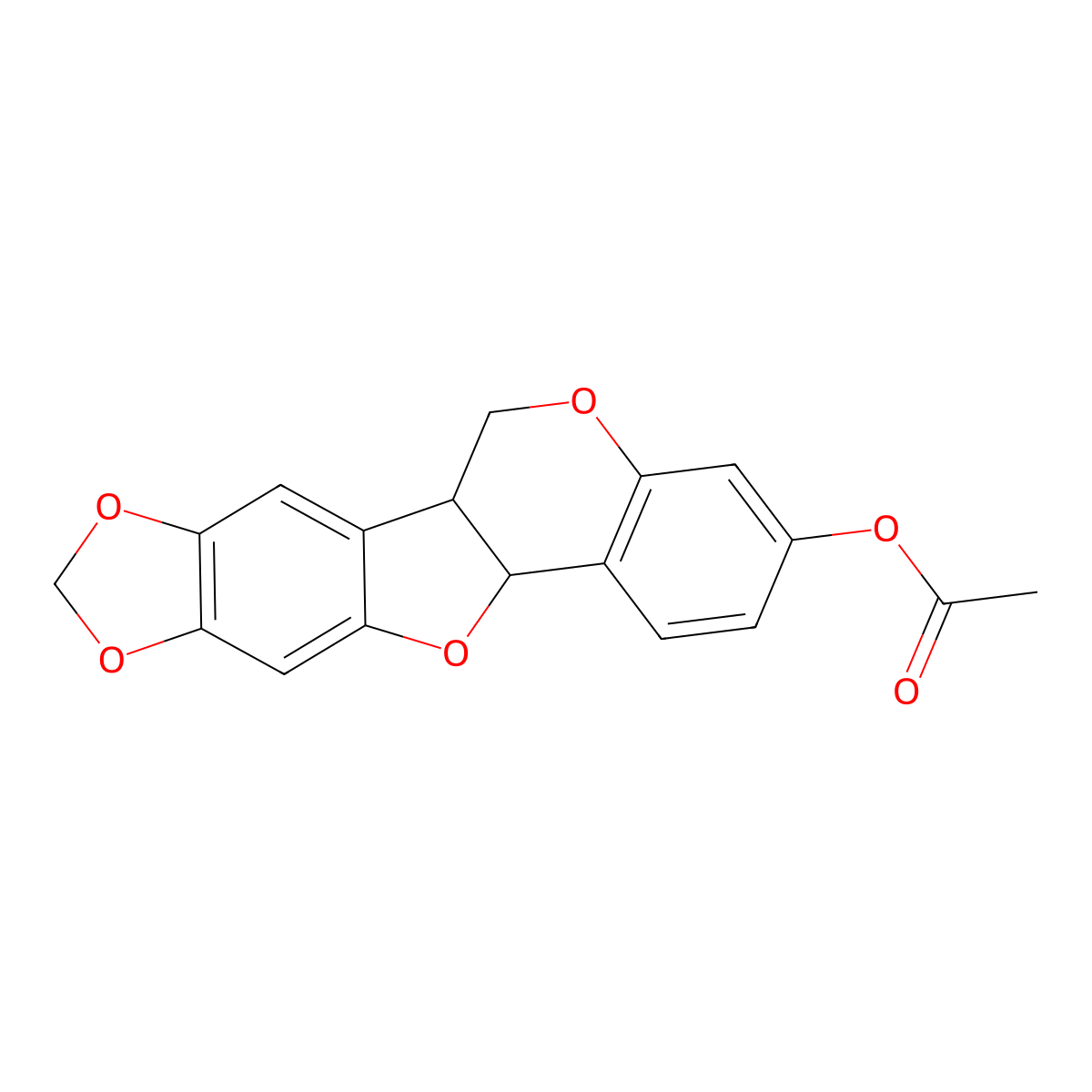 6H-(1,3)Dioxolo(5,6)benzofuro(3,2-c)(1)benzopyran-3-ol, 6a,12a-dihydro-, 3-acetate, (6aR,12aR)- molecular structure, CAS 2035-16-7