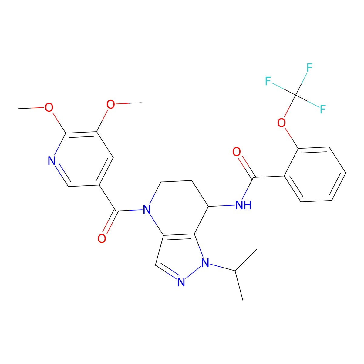 N-(4-(5,6-Dimethoxynicotinoyl)-1-isopropyl-4,5,6,7-tetrahydro-1H-pyrazolo[4,3-b]pyridin-7-yl)-2-(trifluoromethoxy)benzamide molecular structure, CAS 2035010-37-6