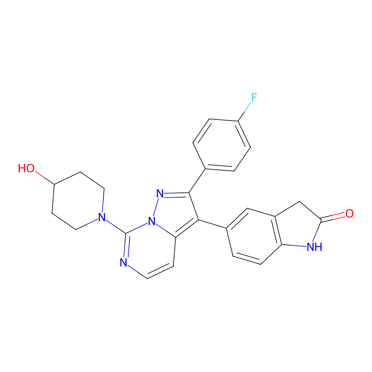 5-[2-(4-Fluorophenyl)-7-(4-hydroxy-1-piperidinyl)pyrazolo[1,5-c]pyrimidin-3-yl]-1,3-dihydro-2H-indol-2-one molecular structure, CAS 2035814-50-5