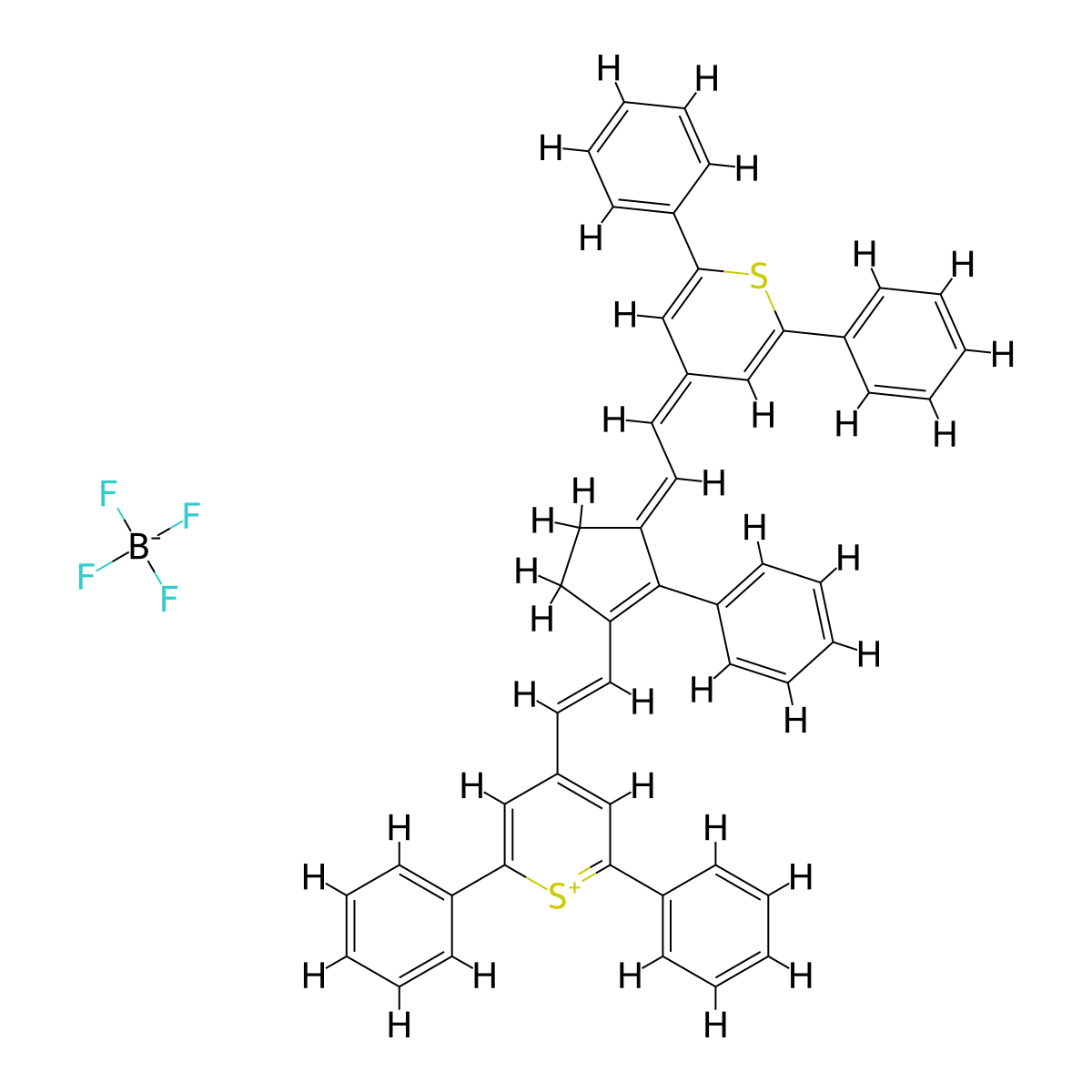 4-[(E)-2-[(3E)-3-[2-(2,6-diphenyl-4H-thiopyran-4-ylidene)ethylidene]-2-phenylcyclopent-1-en-1-yl]ethenyl]-2,6-diphenyl-1lambda4-thiopyran-1-ylium; tetrafluoroboranuide molecular structure, CAS 203799-67-1