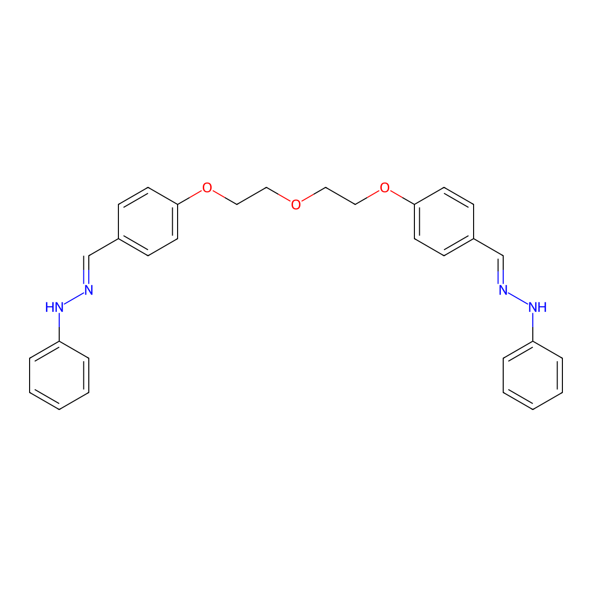 (E)-1-Phenyl-2-({4-[2-(2-{4-[(1E)-(2-phenylhydrazin-1-ylidene)methyl]phenoxy}ethoxy)-ethoxy]phenyl}methylidene)hydrazine molecular structure, CAS 203805-28-1