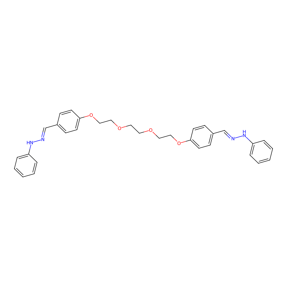 (E)-1-Phenyl-2-[(4-{2-[2-(2-{4-[(1E)-(2-phenylhydrazin-1-ylidene)methyl]-phenoxy}ethoxy)ethoxy]ethoxy}- molecular structure, CAS 203805-29-2