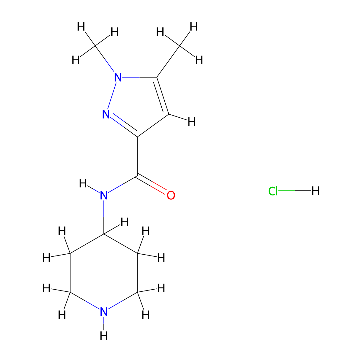 1,5-dimethyl-N-(piperidin-4-yl)-1H-pyrazole-3-carboxamide hydrochloride molecular structure, CAS 2038441-27-7