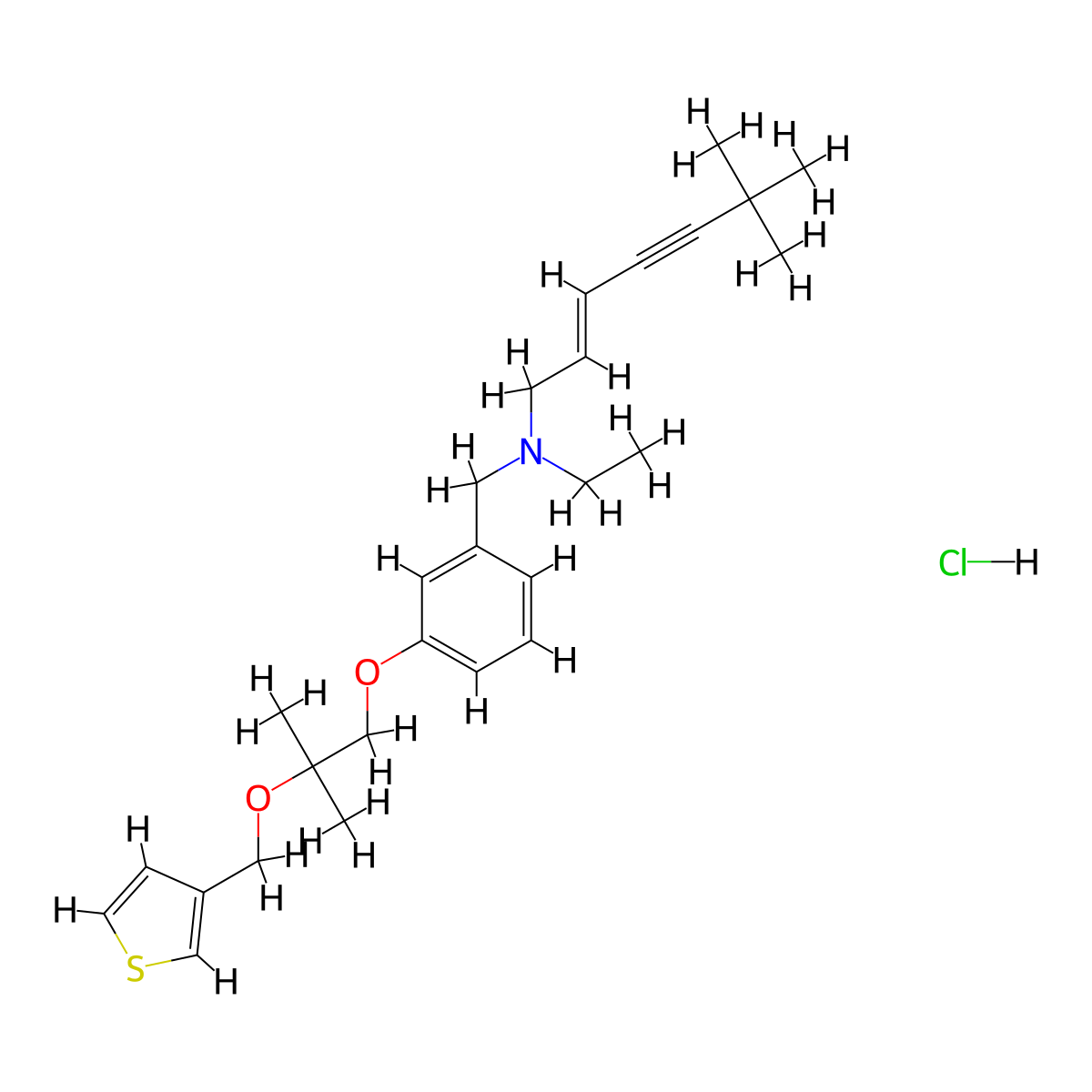 (E)-N-ethyl-6,6-dimethyl-N-[[3-[2-methyl-2-(thiophen-3-ylmethoxy)propoxy]phenyl]methyl]hept-2-en-4-yn-1-amine;hydrochloride molecular structure, CAS 204067-52-7