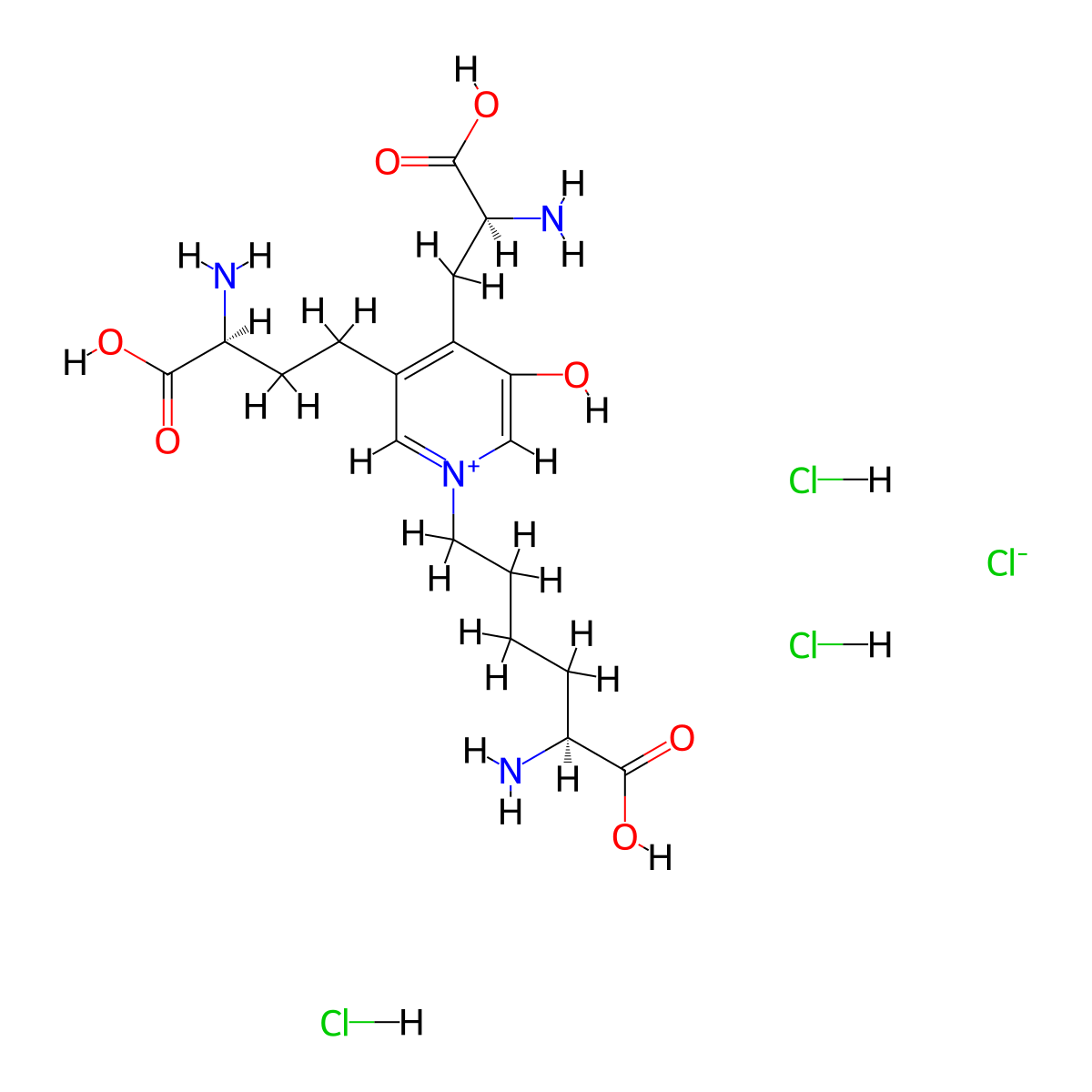 4-((S)-2-amino-2-carboxyethyl)-3-((S)-3-amino-3-carboxypropyl)-1-((S)-5-amino-5-carboxypentyl)-5-hydroxypyridin-1-ium chloride trihydrochloride molecular structure, CAS 204074-56-6
