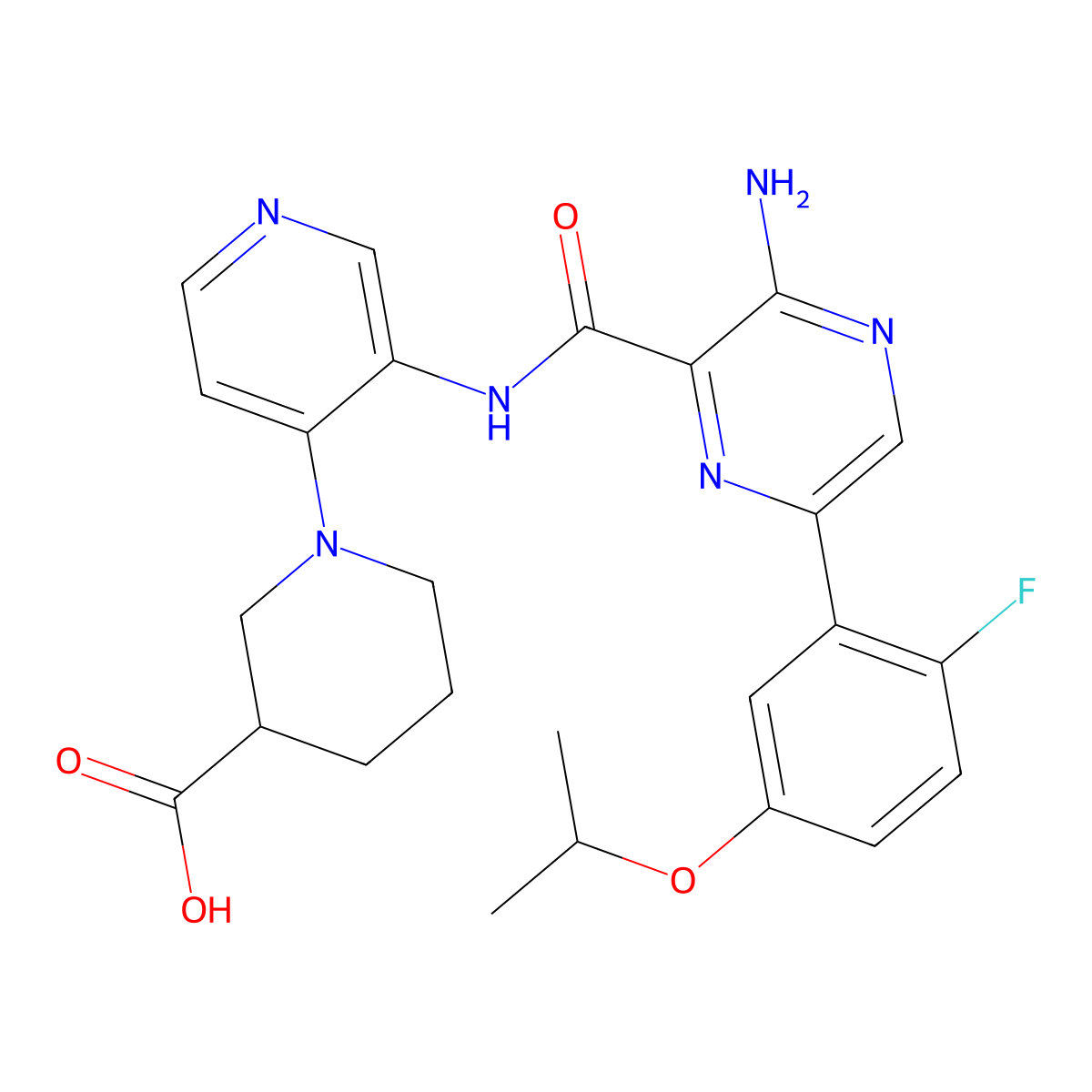 (R)-1-(3-(3-Amino-6-(2-fluoro-5-isopropoxyphenyl)pyrazine-2-carboxamido)pyridin-4-yl)piperidine-3-carboxylic acid molecular structure, CAS 2041073-22-5