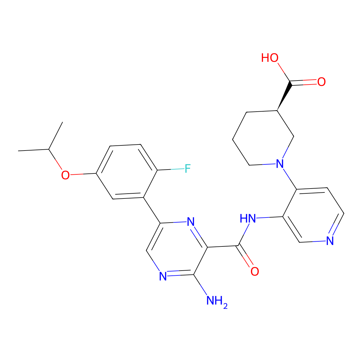 (R)-1-(3-(3-Amino-6-(2-fluoro-5-isopropoxyphenyl)pyrazine-2-carboxamido)pyridin-4-yl)piperidine-3-carboxylic acid molecular structure, CAS 2041073-22-5