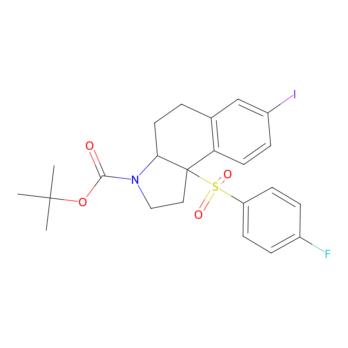 tert-Butyl (3aR,9bR)-9b-((4-fluorophenyl)sulfonyl)-7-iodo-1,2,3a,4,5,9b-hexahydro-3H-benzo[e]indole-3-carboxylate molecular structure, CAS 2041843-03-0
